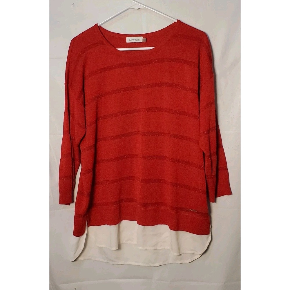Women's Large Calvin Klein Red Shimmer Tunic Sweater Holiday Shirt‎ Trim